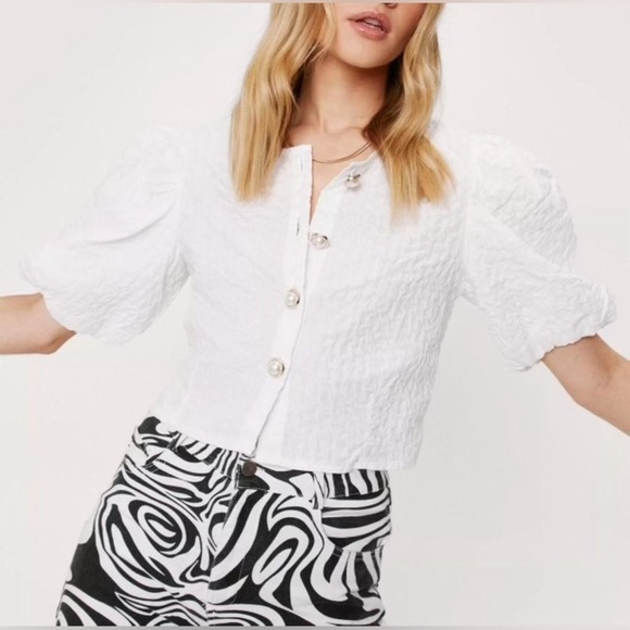 Nasty Gal Tops - Nasty Gal Puff Sleeve Pearl Button Blouse White